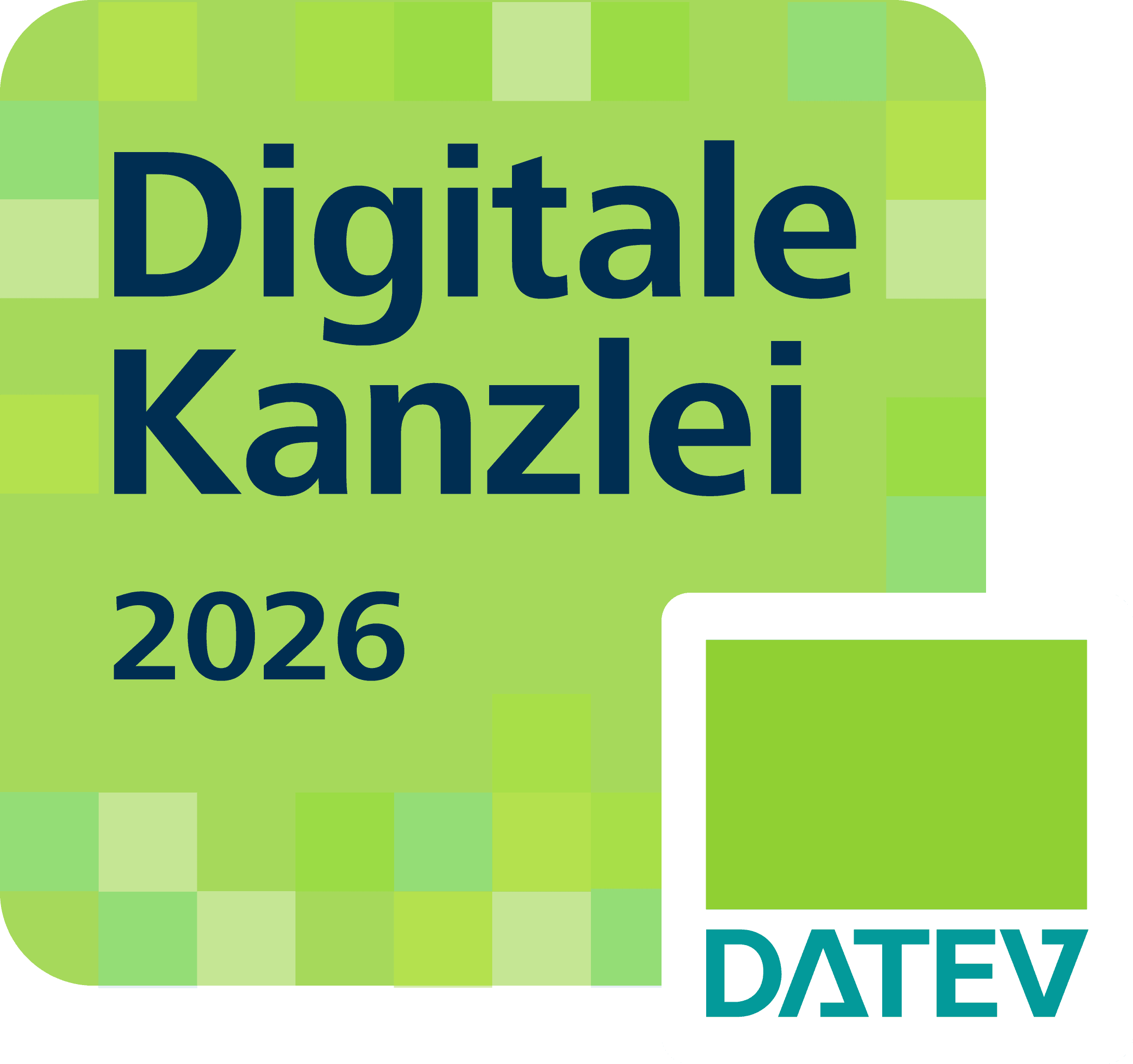 Digitale Kanzlei 2026 Logo mit QR-Code und DATEV-Logo.