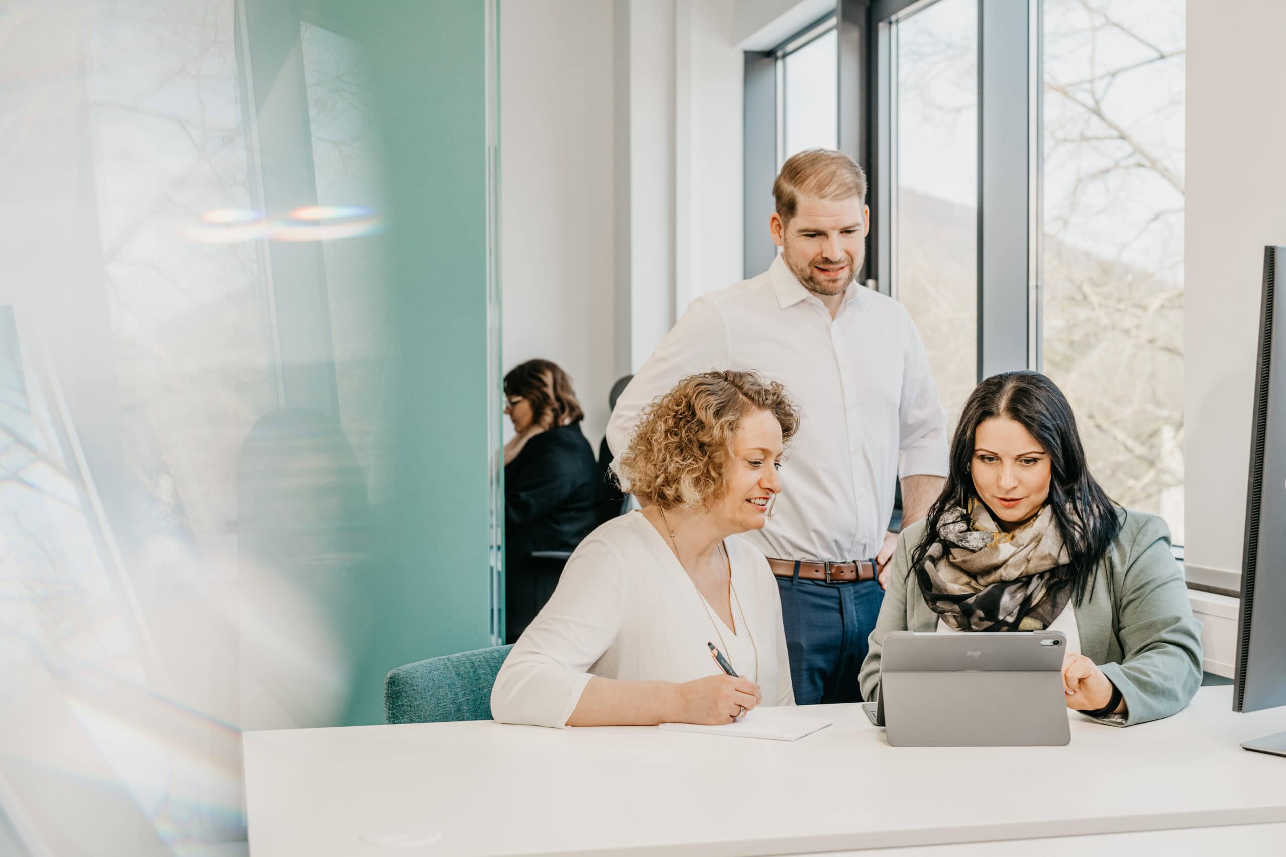 Teamarbeit bei Steuerberatung, Beratungsgespräch am Computer.