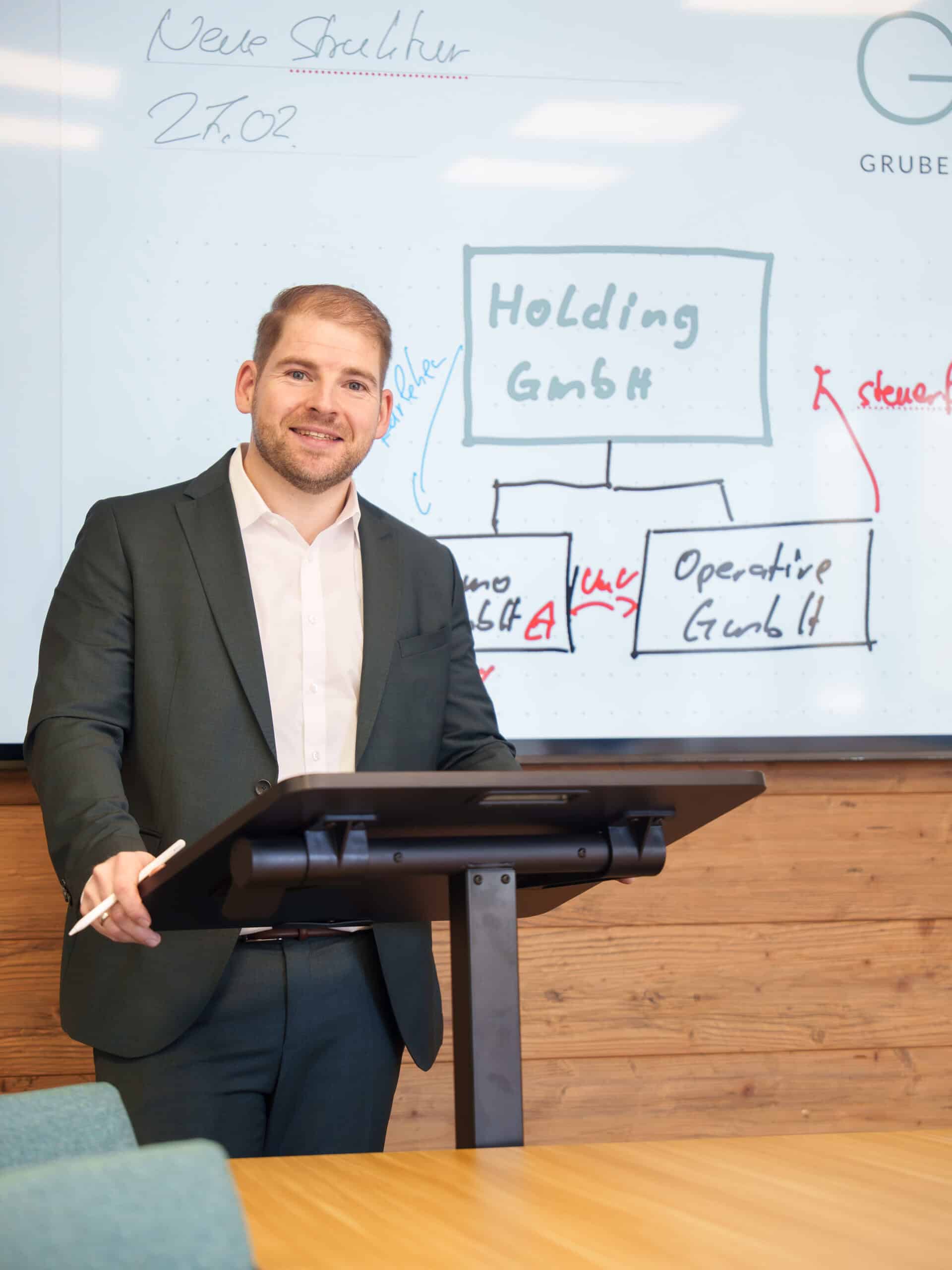 Geschäftsmann bei Präsentation vor Whiteboard mit Diagramm.